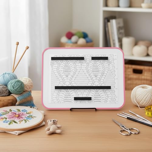 Image of Flutesan 8 x 12 Inches Knitting Pattern Holder with 4 Replacement Magnets Knitting Chart Keeper Cross Stitch Magnetic Board Cross Stitch Accessories and Supplies for Crochet(Pink Border)