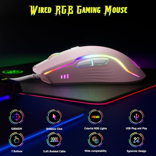 Image of memzuoix Wired Gaming Mouse with RGB - 6 Adjustable DPI up to 12800, 6 Buttons, 12 Lighting Modes, Ergonomic Design with Anti-Slip Rubber Wheel, 5.6ft Braided Cable for PC /Mac /Windows - Pink