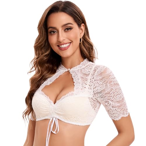 Goxozzy Dirndl Bluse Damen Oktoberfest Trachtenbluse Elegant Spitze Perlenknöpfe Weiß Schwarz Größen 34-44​ (DE/NL/SE/PL, Numerisch, 36, Regular, Regular, Weiß)