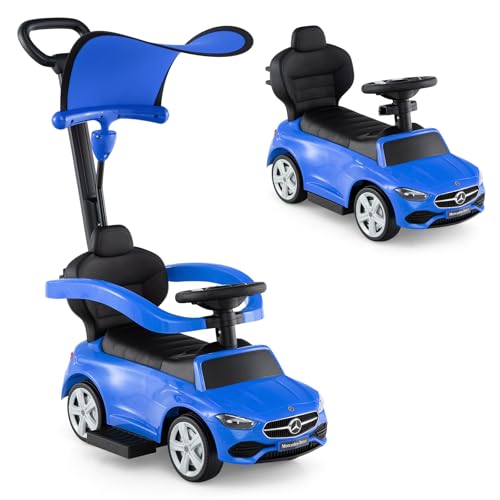 Image of Licensed Mercedes Benz Push Car for Toddlers by INFANS, 3 in 1 Sliding Walking Car with Push Handle, Horn, Music, Underneath Storage, Foot-to-Floor Ride on Toys for Boys Girls, Blue