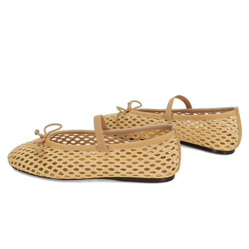 Image of ZJGZF Woven Ballet Flats for Women Cute Raffia Mary Janes Bow Elastic Strap Summer Straw Comfortable Casual Dressy Shoes