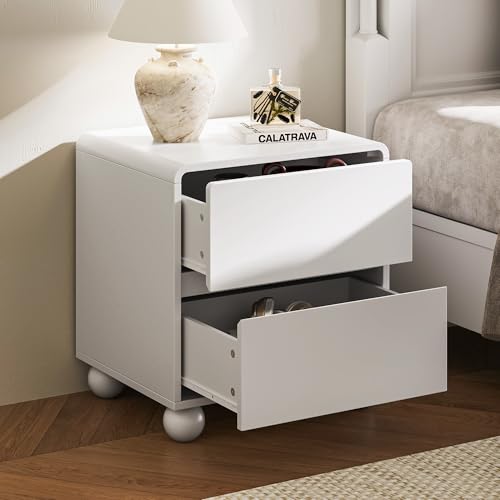Image of MAISONARIA Curved Nightstand Set of 2, Modern Nightstand with 2 Large Storage Drawers, Wooden Endside Table for Bedroom, White