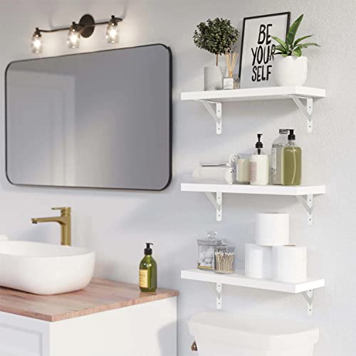 Aiktota Floating Shelves - 15.7" White Wall Shelf With Metal Bracket, Wall Mounted Shelves For Bathroom, Living Room, Bedroom, Kitchen, Modern Storage Shelves Decor - Set Of 3 #TOP3