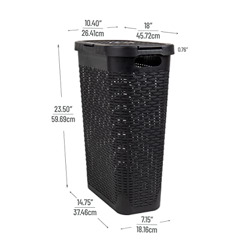 Mind Reader Basket Collection, Slim Laundry Hamper, 40 Liter (15Kg/33Lbs) Capacity, Cut Out Handles, Attached Hinged Lid, Ventilated, Black #TOP2