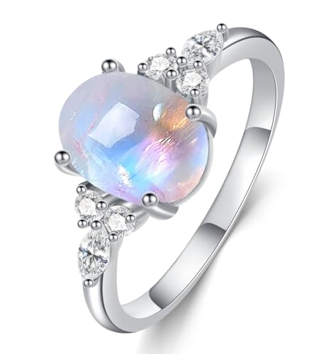 LELOUCHY Authentic Oval Moonstone Ring 925 Sterling Silver Rainbow Genuine Moonstone engagement Rings for Women Wedding Jewelry-8.5