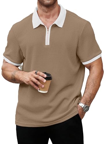 KAJARU Men's Waffle Knit Polo T-Shirt, Short Sleeve, Zip Collar with White Trim (POLO-8034)
