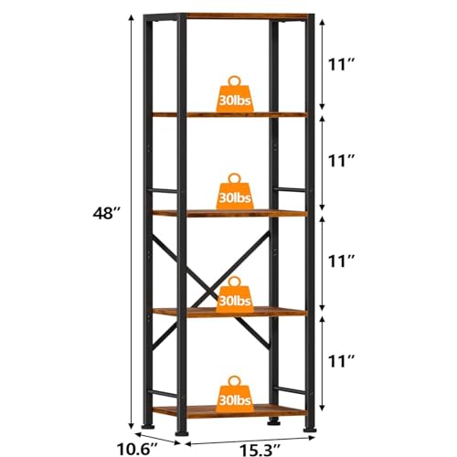 image for Furologee 5 Tier Tall Bookshelf, Rustic Narrow Bookcase, Display Stand