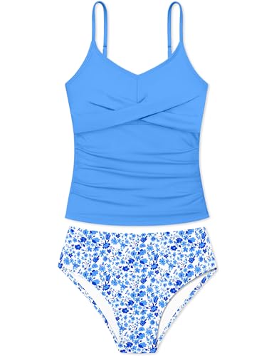 Image of Girls Swimsuit 2 Piece Bathing Suit Criss Cross Ruched Girl Tankini Sets Printed Girls' Swimwear for 9-18 Years