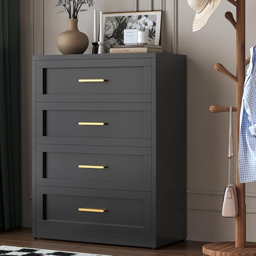 LCAOPC Black 4 Drawer Metal Dresser for Bedroom, Chest of Drawers for Closet, Bedroom Tall Dressers with Drawers, Metal Dressers & Chests of Drawers for Office, Bedroom, Living Room