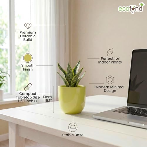 Image of ecofynd 5 Inch Ceramic Plant Pots with Drainage Hole, Modern Decorative Clay Flower Pots for Indoor Plants, Home Garden Decor for Living Room, Bedroom & Interior Spaces (CPOT041-LGN)