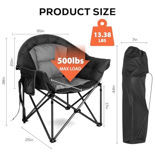 Image of Oversized XXL Padded Camping Chairs for Adults, 1Pcs 500lbs Heavy Duty Support, 500G Ultra-Thick Cushion Sofa-Like Comfort, Folding Lawn Chair with Cooler Bag & Side Pockets, Black