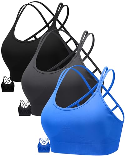 Image of RUNNING GIRL Sports Bras for Women 3Pack Strappy Bra | Medium Support, Removable Pads, Padded,Yoga, Pilates,Ultra Strectch,Comfort,Scoop Neck, Spaghetti Strap,Criss Cross Back