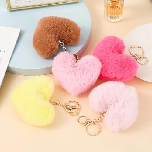 Artificial Faux Rabbit Fur Keychain Fluffy Heart Plush Ball Pom Charm Key Chain Cute Purse Handbag for Women - Image 4