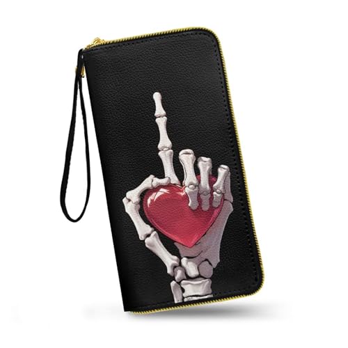Skeleton Hand Women Zip Around Organizer Wallet, Hands Holding Heart Print Long Zipper PU Clutch Black Long Purse Wallet for Credit Card