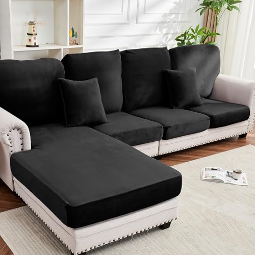 Taque Couch Cover 8-Piece Elastic Velvet Couch Cushion Covers & Chaise Slipcovers for L-Shaped Sofas, Sofa Seat Covers Washable, Soft Cover for Couches (7 Seater + Chaise, Black)