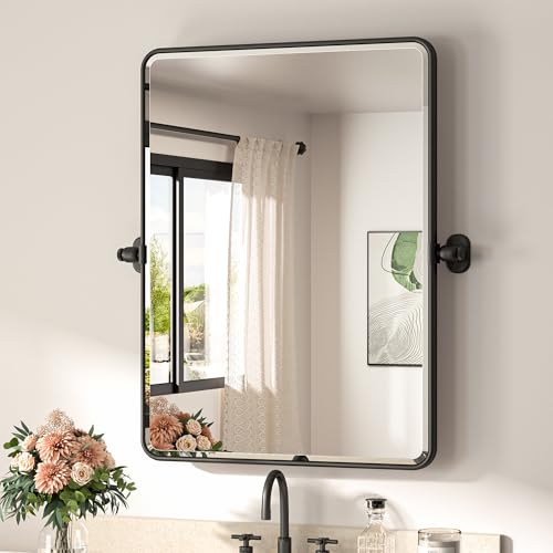 TETOTE Pivot Bathroom Mirror Matte Black 22 x 30 Tilt Rectangle Metal Framed Vanity Beveled Tempered Glass Mirror, Modern Farmhouse Adjustable Tilting Rectangular Wall Mirrors, Horizontal/Vertical