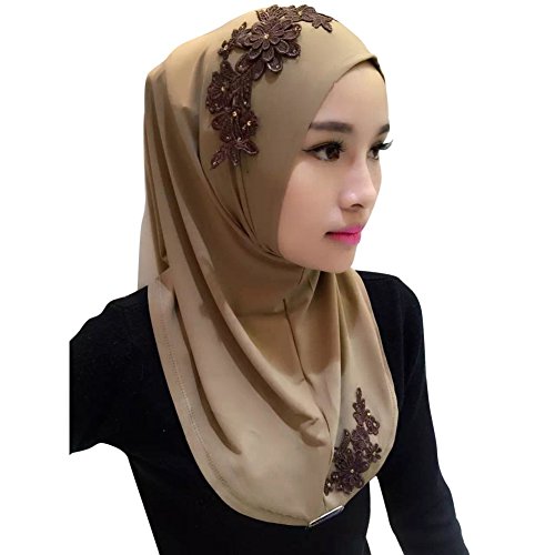 Froomer Lace Embroidery Chiffon Muslim Cap Hijab Scarf Islamic Cover Head Scarf Coffee