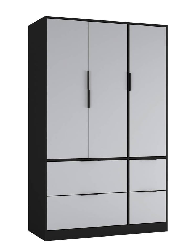 URBNLIVING 3 Door Wardrobe with 4 Drawers – Wooden Bedroom Storage Cupboard with Hanging Rail for Clothes - Black Unit & Grey Doors & Drawers