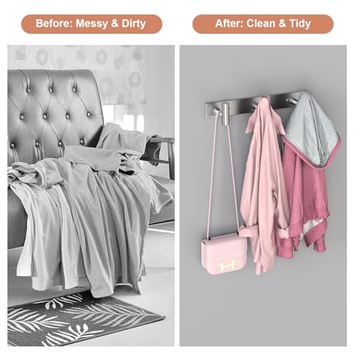 Image of PMMASTO Stainless Steel Coat Rack Wall Mounted, Heavy Duty Metal Hook Rail for Hanging Coats Hats Towels Robes Bags, Modern Wall Hooks Organizer (Silver, 3 inchT Hooks, 2 Pack)