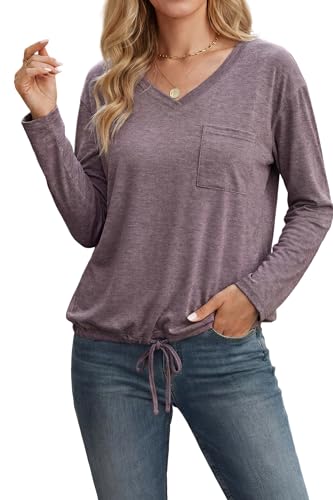 Enmain Blusa Mujer Manga Larga Camiseta Cuello V Casual Top con Cordón Ajustable y Bolsillo Camisa sin Plancha para Oficina y Uso Diario Morado Claro M