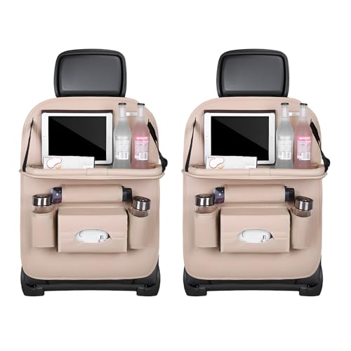 POVTII 2 PCS Car Seat Back Pocket, Waterproof Leather Auto Back Seat Organizer with Tablet Holder Pockets, Universal Interior Accessory (Beige)
