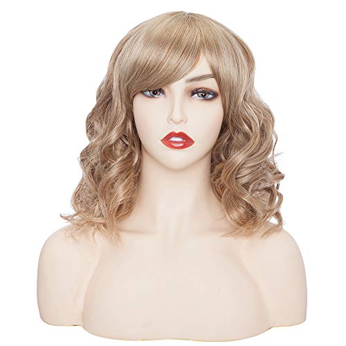 S-noilite Short Bob Synthetic Hair Wig with Bangs for Women 14inch Wavy Bleach Blonde Mix Dark Blonde Heat Resistant Colorful Anime Cosplay Costume Daily Party Full Wigs