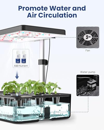iDOO Hydroponic System, Smart Garden, Hydroponisches Anzuchtsystem,12Hülsen, mit Automatisch Timer, Smart Garden mit LED Pflanzenlampe und Ventilato, Höhenverstellbar kräutergarten Set, Schwarz