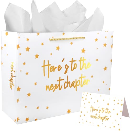 Pandecor 13" Large Here's to the Next Chapter Paper Gift Bag with Card and Tissue Paper for Graduation Coworker Leaving New Job and Retirement Party