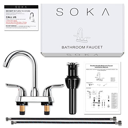 SOKA Two Handles Centerset Bathroom Faucet for Sink High Arc Stainless Steel with Deck Plate & Pop-Up Drain Assembly Fit 3 Hole Installation, Chrome (SK18001C) - Image 12