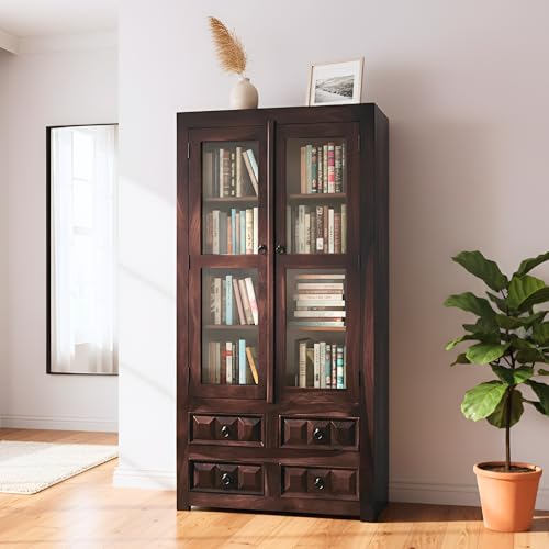 Image of SONA Art & Crafts Solid Wooden Book Shelf Cabinet with Glass Rack and Drawer Storage for Home & Office Living Room | Crockery Cabinet for Kitchen Library (Walnut Finish)