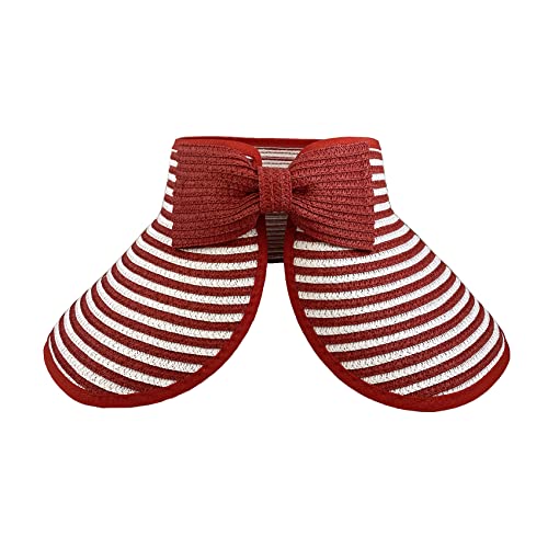 Beach Hats for Women, Packable Straw Sun Hat with Wide Brim and Ponytail for UV Protection and Summer Travel SM01 (Red and White Stripe)