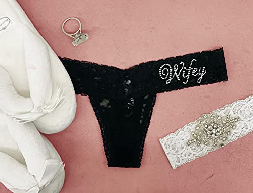 Classy Bride Wedding Underwear Bedazzled Bridal Lingerie For Women - Black Wifey Stretch Lace Thong #TOP4