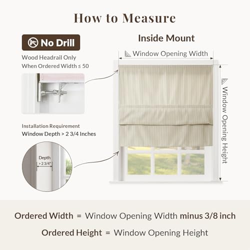 Image of TWOPAGES No Drill Cordless Farmhouse Ticking Stripe Roman Shades Roman Blinds for Windows, Custom Made Light Filtering Blackout Blinds Shades for French Door, Khaki Pinstripe, 1 Piece