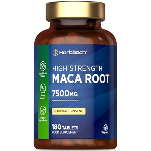 Maca Root 7500 mg | Supplément de racine de maca péruvienne haute résistance | 180 comprimés végétaliens (pas de capsules) | par Horbaach