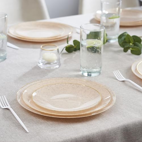 PLASTICPRO 128 Pack Elegant Disposable Plastic Plates Combo Set Bulk Pack Includes 64 Dinner Plates and 64 Salad Plates Heavy Duty Fancy Party Plates Pink Granite Plates with Gold rim by PLASTICPRO - Image 3