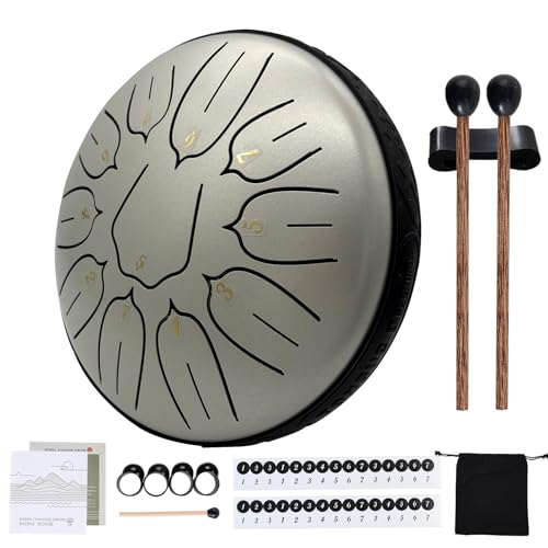 Yahpetes Steel Tongue Drum Musical Percussion Instrument Metal Rain Drum for Outside 6 Inch 11 Notes C-Key for Meditation Yoga Education Percussion with Bag, Music Book, Mallets (Silver, 6"11 tone)