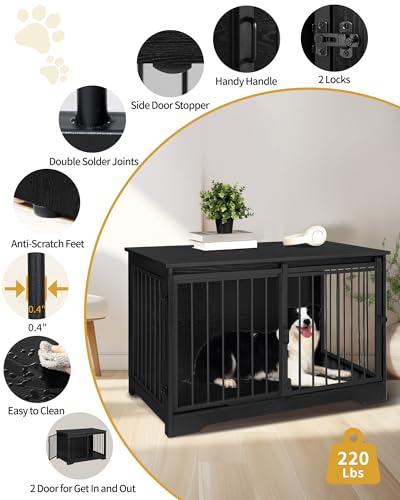Hzuaneri Hundekäfig Möbel, 100cm hundebox für zuhause, Schiebetüren, 2 Tür, Moderne hundebox Holz Indoor für kleine/mittlere/große Hunde, Hundekäfig für Zuhause, 100 x 60 x 68 cm, Schwarz DFC02304B