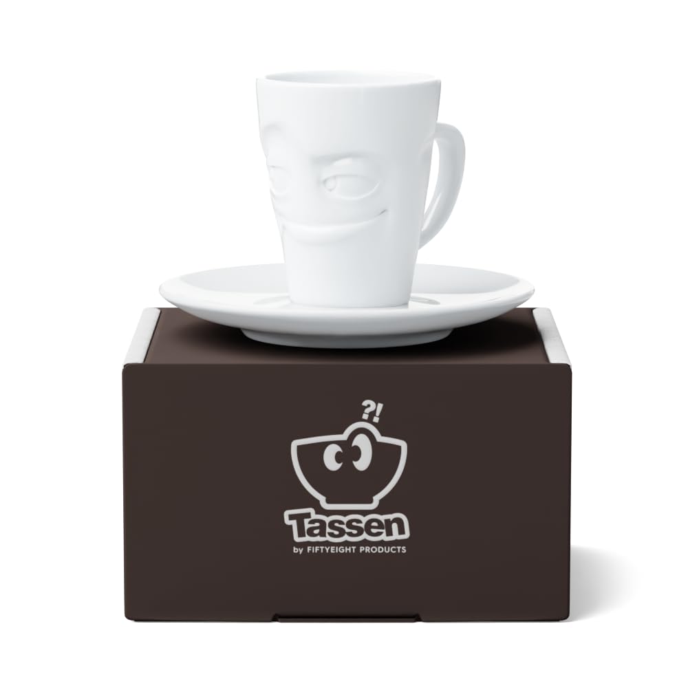 Tasse à Expresso 'Délicieux' FIFTYEIGHT - Porcelaine Blanche 80ml, Passe Lave-vaisselle - Fabriquée En Allemagne Avec Soucoupe