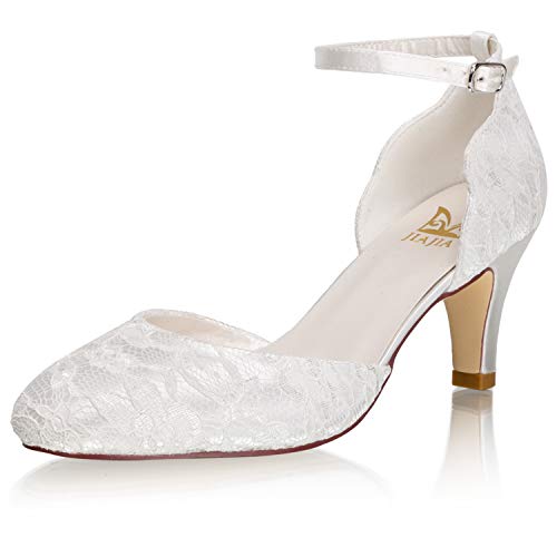 JIAJIA 62373 Women's Memory Foam Bridal Shoes Closed Toe 2.6'' Stiletto Mid Heel Lace Satin Pumps Wedding Shoes