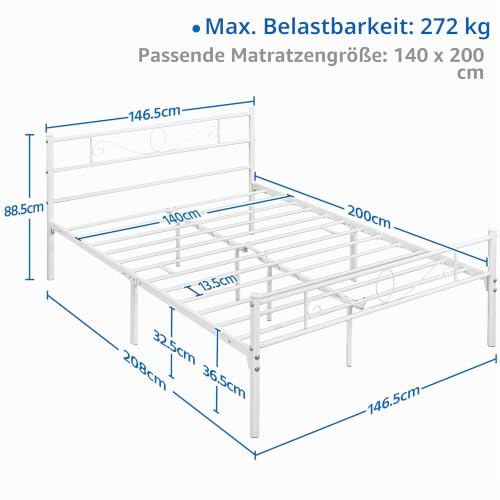 Yaheetech Bettrahmen Metallbett Bettgestell aus Metall, Doppelbett für 140 x 200 cm Matratze, Gästebett für kleine Räume, Weiß – Ansicht 4