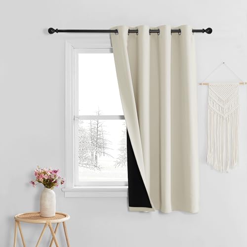 PONY DANCE Rideaux Occultants 100% - Rideau Phonique Réducteur de Bruit Isolation Thermique Anti UV Draperies à Oeillets pour Chambre Maison, Beige Clair, L...