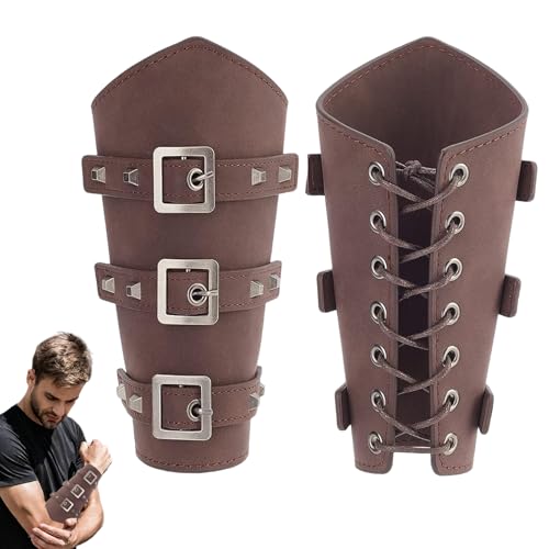 CHUANFU 2 Pièces Protège Bras en Cuir Viking, Protège-Poignet Médiéval, Réglable Brassard Cuir, Rétro Renaissance Protection de Bras pour Chevaliers pour Halloween Décoration Punk Cosplay (Marron)