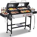 LMNOCHM Charcoal and Gas Grill Combo with Side Burner and Grill Pan, 3-Burner Propane Grill and Griddle Combo with Porcelain-Enameled Cast Iron Grates, 39,000 BTU BBQ Grill for Outdoor Cooking