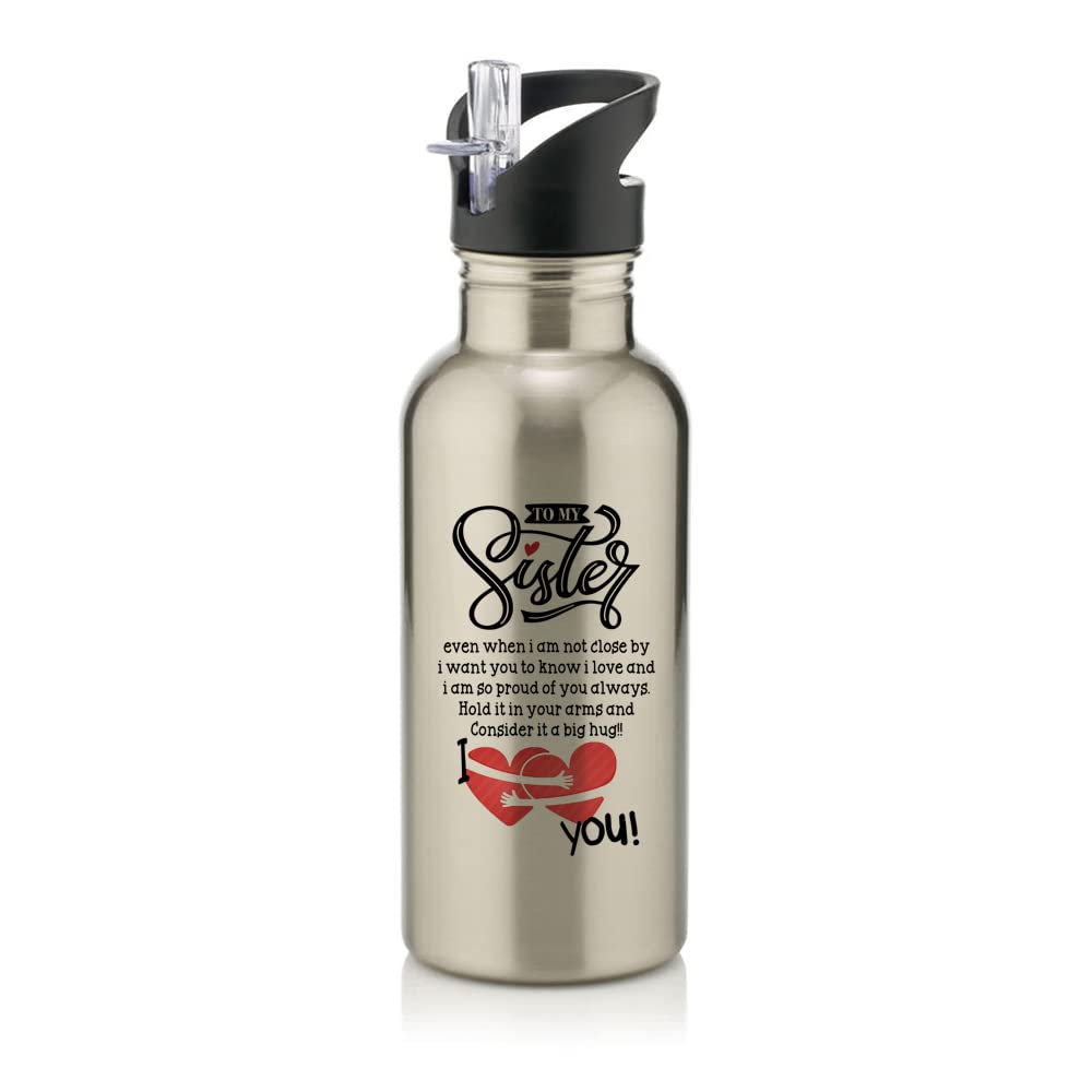Getagift Women's Silver To My Sister I Love You Stainless Steel 600Ml Water Bottle With Straw. (Silver)