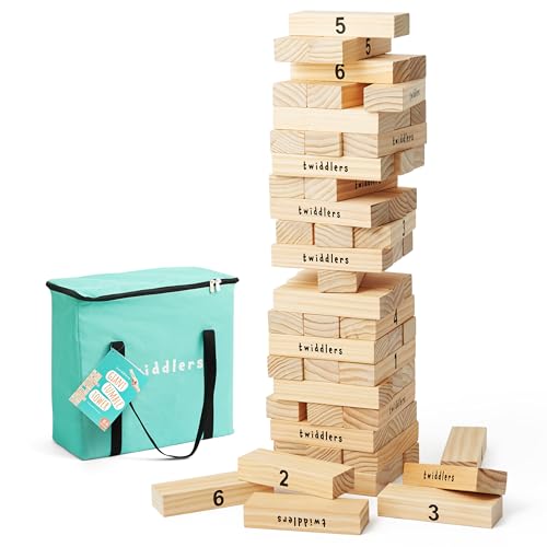 THE TWIDDLERS Large Tumble Tower Garden Lawn Game, 64 Premium Wooden Blocks, Stacks up to 4ft /1.2m High - Building Toys Outdoor Fun for Kids and Adults, Includes Carry Case