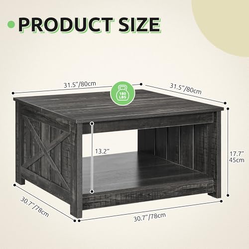 GOOBED Farmhouse Sqare Coffee Tables for Living Room with Storage, Grey Wash Coffee Table 2 Tier Spaciou Storage Shelf, Modern Center Table Small Coffee Tables, Dark Grey