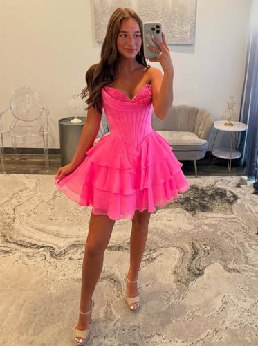 Tiered Ruffle Homecoming Dresses for Teens 2025 Short Strapless Corset Prom Cocktail Dress3