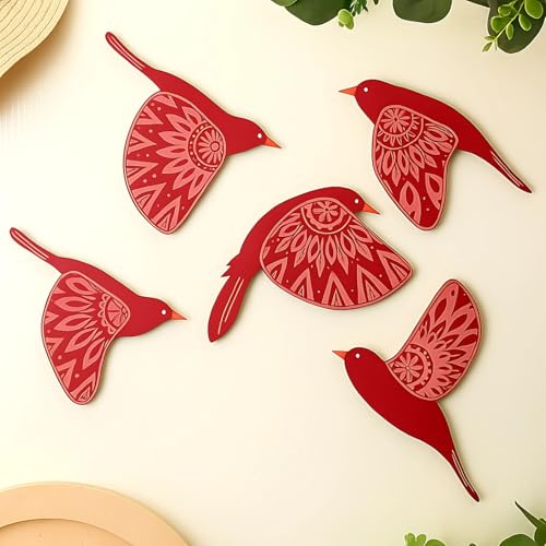 Image of GiftOday Wooden 3D 5 Pieces Birds for Wall Art Panel | Wood Bird Folk Art Wall Hanging Art Decoration Item for Living Room, Bedroom, Drawing Room, Dining Room & Office (Red) Pack of 1