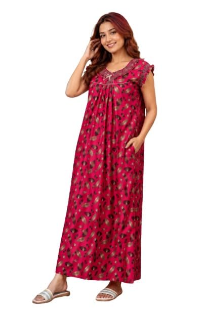 dvastrastrands Women Cotton Printed Nighty | Soft & Comfortable Full Length Night Gown for Women | Short Sleeve Lounge Wear with Pockets | Regular Fit Sleepwear-picture-24