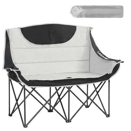 LARMNEE Campingstuhl Faltbar für 2 Personen Campingsofa 2 Getränkehaltern 200 KG Belastbar Campingcouch Dick Gepolstert Klappstuhl inklusive Tragetasche Grau und Schwarz EBG03LC02
